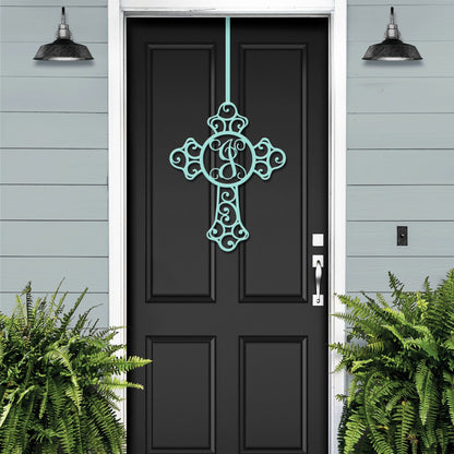 Custom Swirl Monogram Cross Door Sign - Personalized Metal Sign for Front Door, Home & Garden - Weather - Resistant, Indoor & Outdoor Decor - HouseSensationsArt