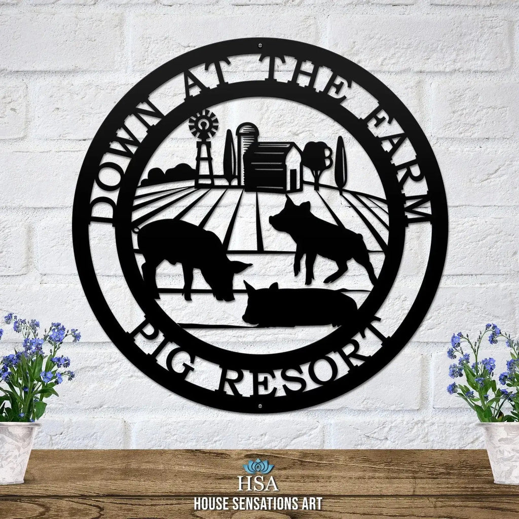 Decorative metal farm sign with pig scene and “Down at the Farm Pig Resort” text on white brick wall, front door outdoor plaque, rustic décor