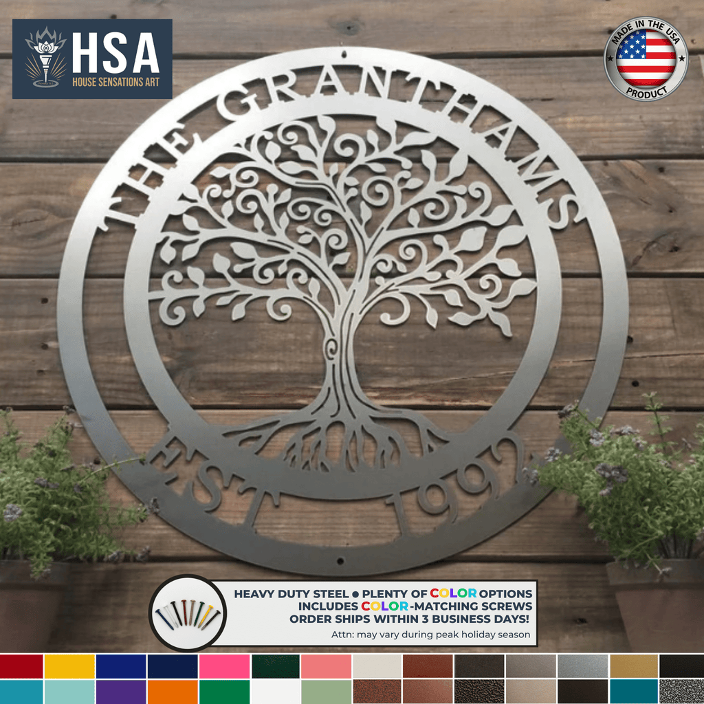 HSA-branded personalized Tree of Life metal wall décor wreath with family name “The Granthams” on a wooden background, ideal for front door décor, wedding or housewarming gifts, and custom family name signage.