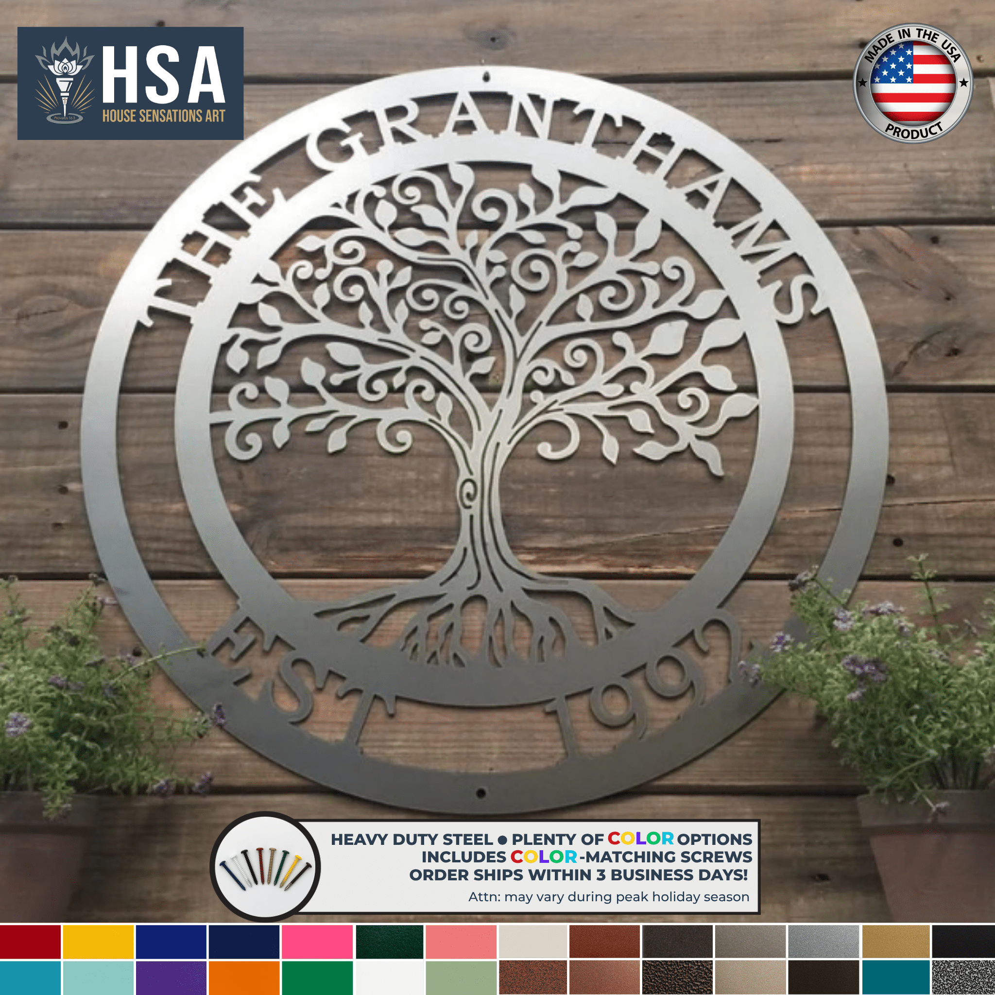 HSA-branded personalized Tree of Life metal wall décor wreath with family name “The Granthams” on a wooden background, ideal for front door décor, wedding or housewarming gifts, and custom family name signage.