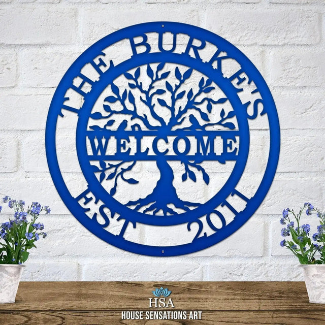 Tree of life family wall art – personalized metal sign with welcome message for front door or business entry sign