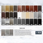 Color swatch chart showcasing raw metal signs with various metallic finishes arranged on a white wooden background, highlighting a range of silver, gold, bronze, and brushed metal tones.