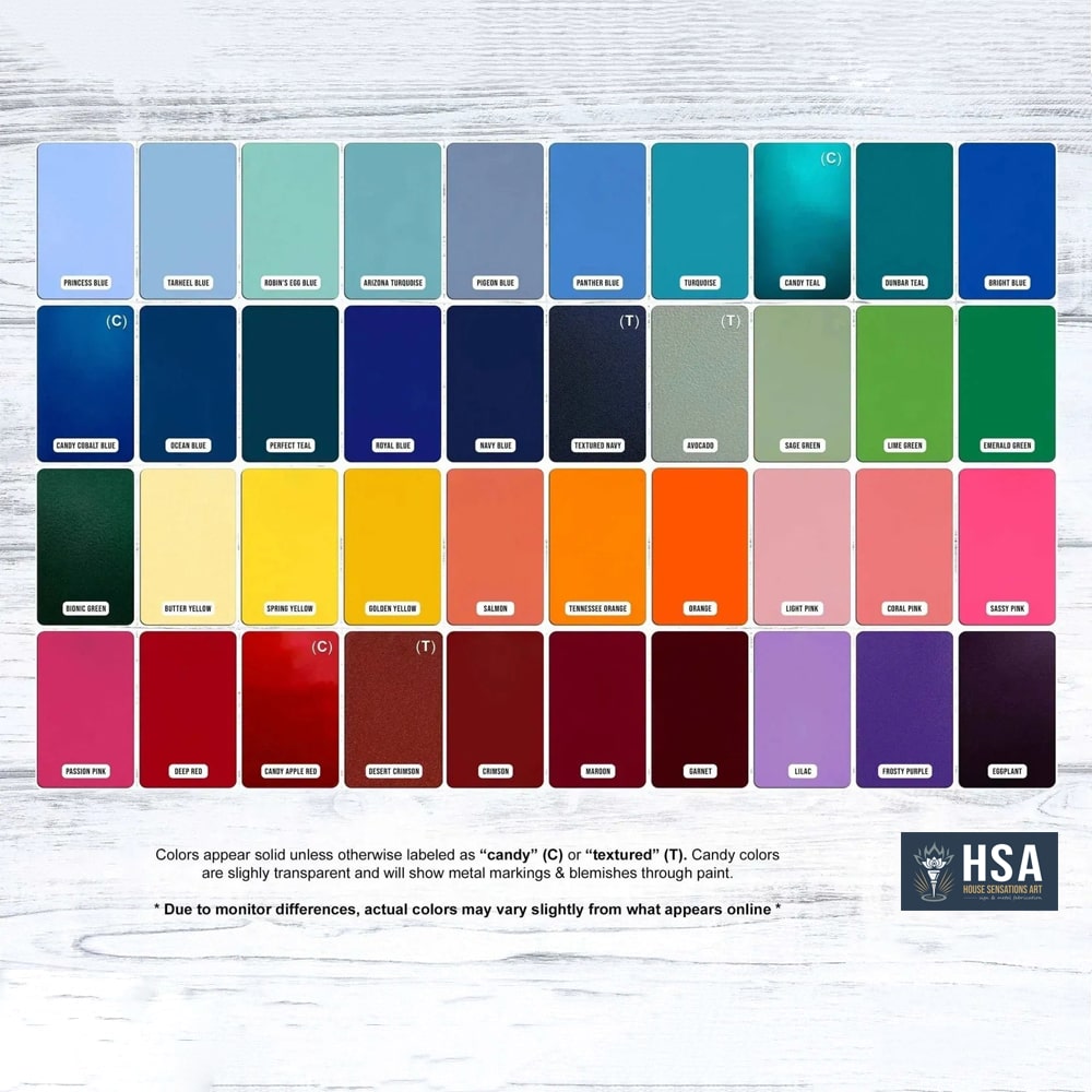 Color swatch chart displaying a variety of colors arranged on a light wooden background, showcasing a vibrant range of shades and finishes for design or decorative purposes.