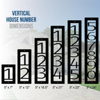 Vertical metal house number signs displayed with measurements against a blurred house background, highlighting design and size options for personalized home entryway décor.