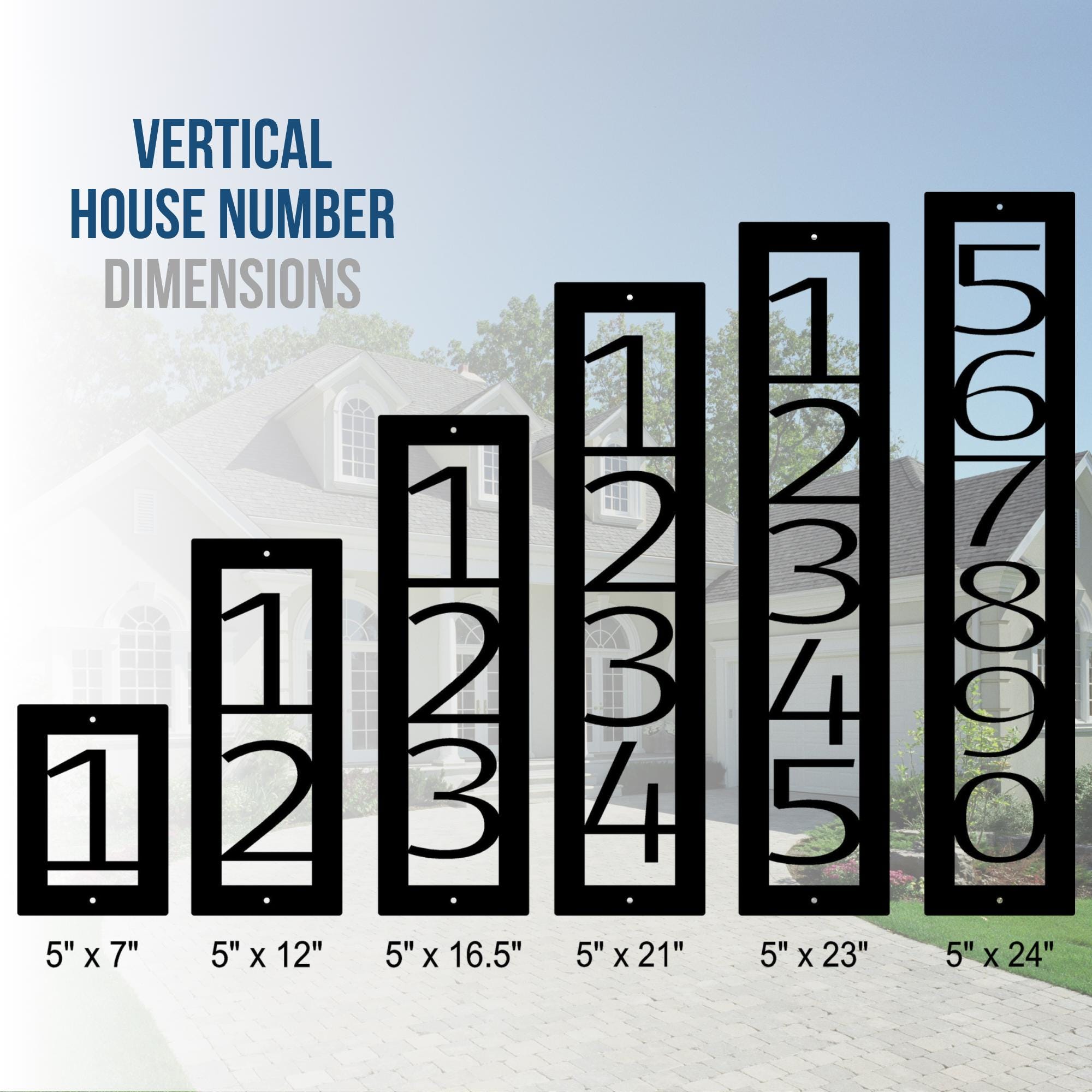 Vertical metal house number signs displayed with measurements against a blurred house background, highlighting design and size options for personalized home entryway décor.