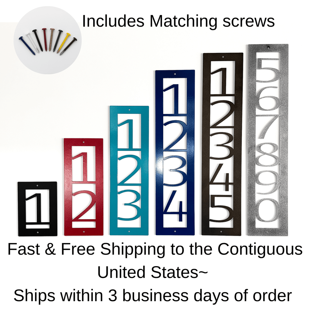 Vertical metal house number signs in multiple colors displayed with matching screws on a white background, showing options for personalized home entryway décor.