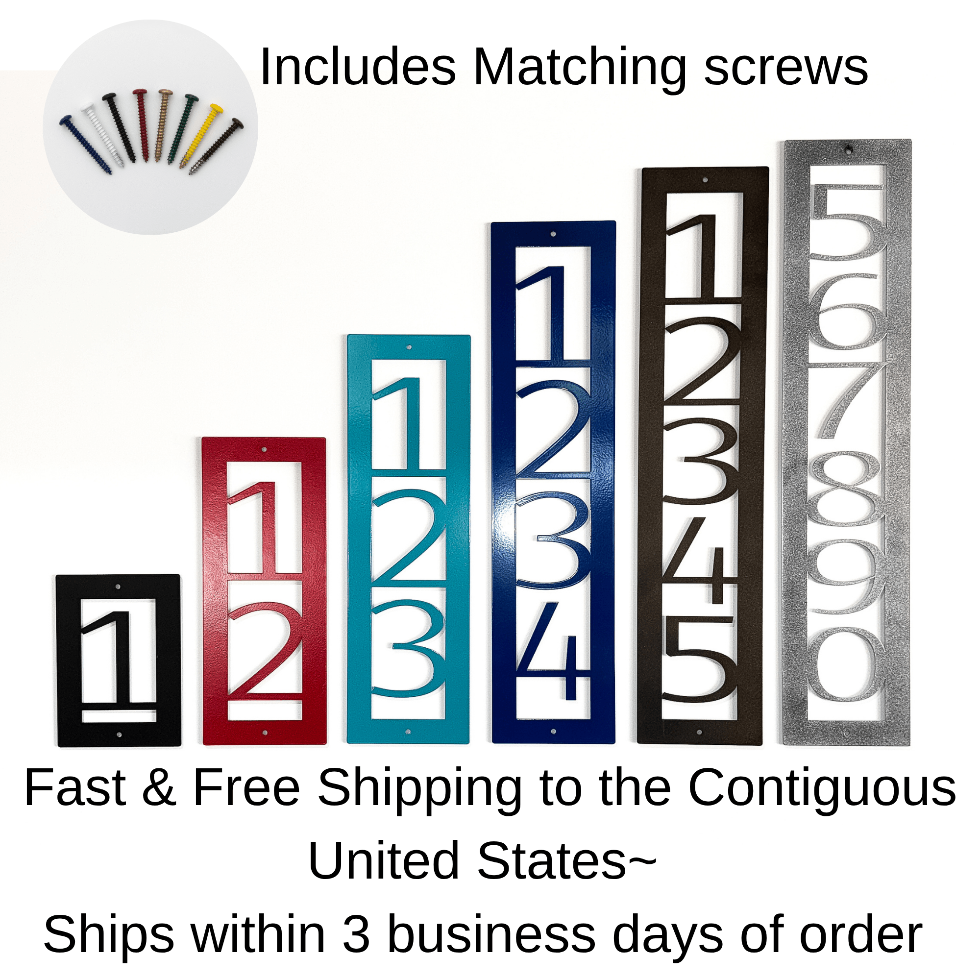 Vertical metal house number signs in multiple colors displayed with matching screws on a white background, showing options for personalized home entryway décor.