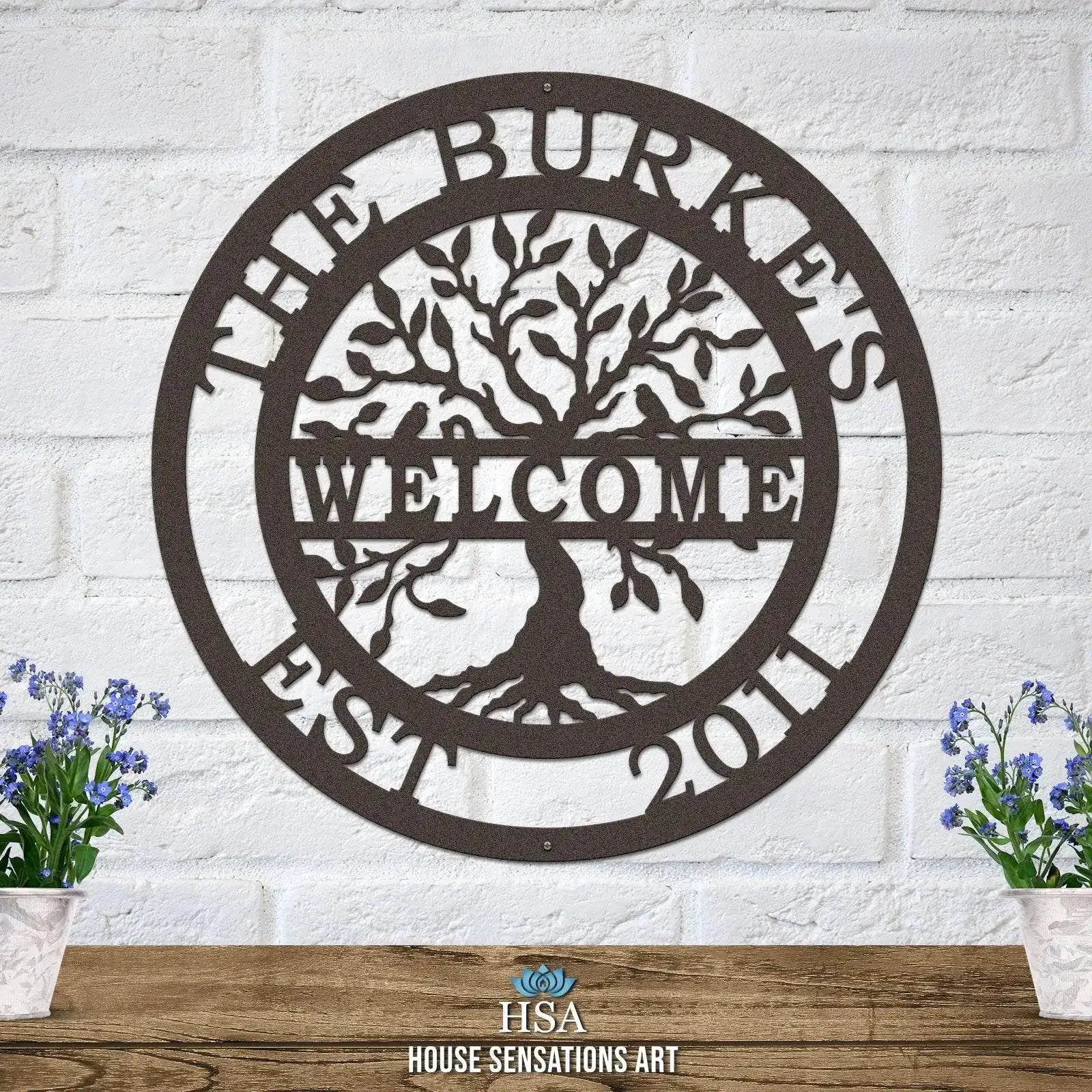 Custom family welcome sign – tree of life design in metal art for personalized outdoor wall plaque with sayings