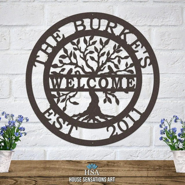 Custom family welcome sign – tree of life design in metal art for personalized outdoor wall plaque with sayings