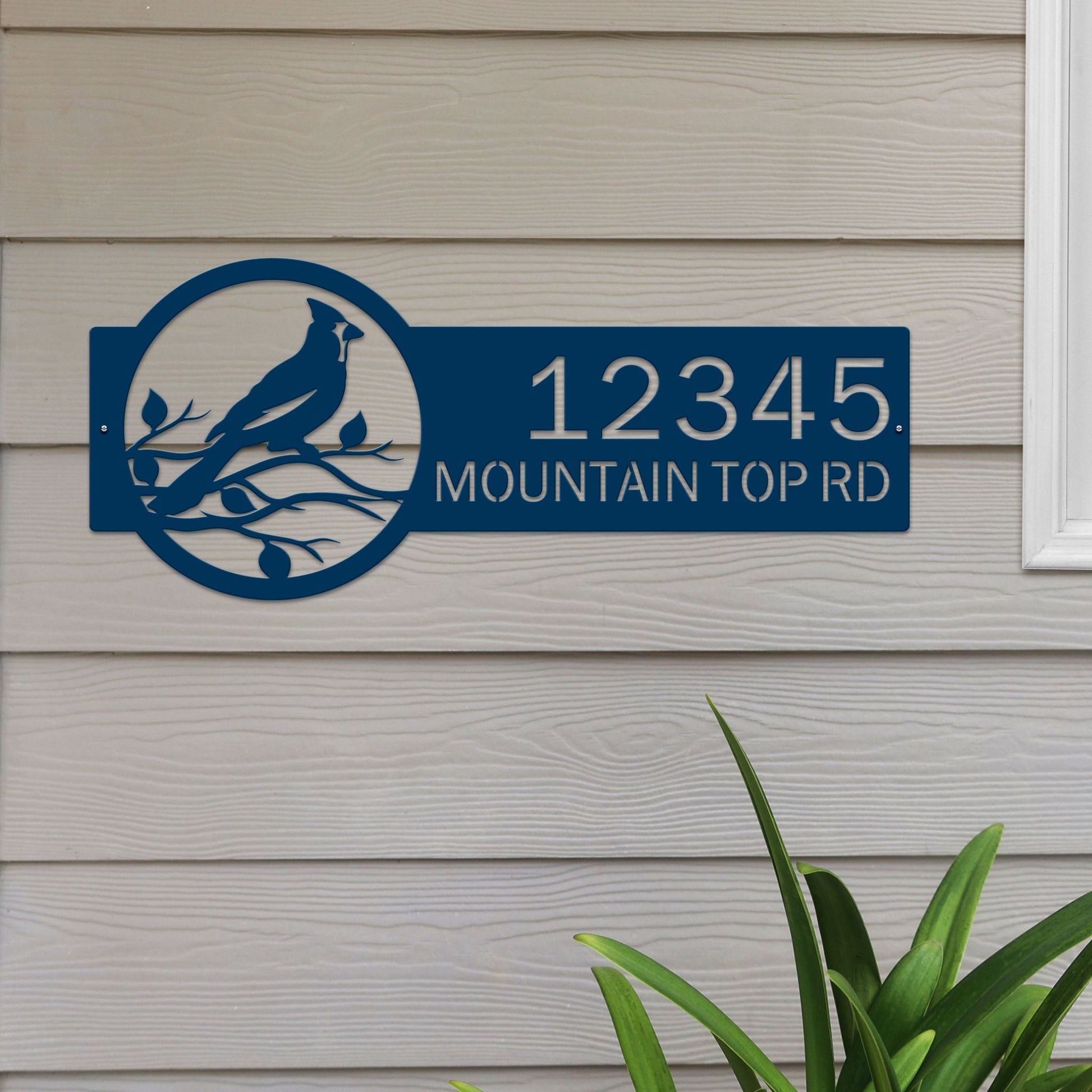 Capri Blue Custom Cardinal Address Sign with cardinal on leafy branch on right and house number '12345 Mountain Top Rd' on left.