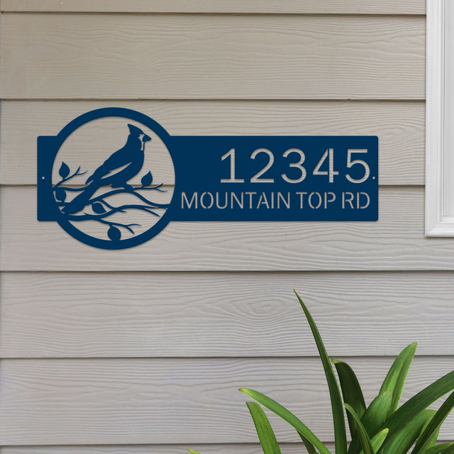 Capri Blue Custom Cardinal Address Sign with cardinal on leafy branch on right and house number '12345 Mountain Top Rd' on left.