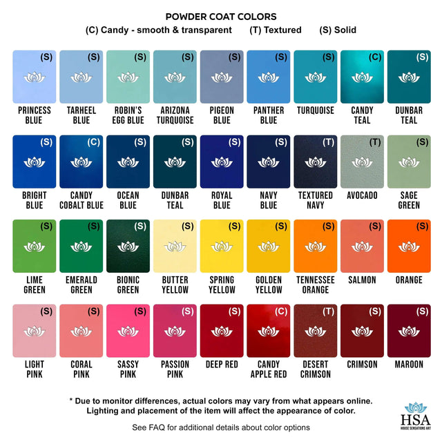 Powder coat color chart showing finishes: Candy (smooth & transparent), Textured, and Solid, with colors ranging from Princess Blue to Maroon.