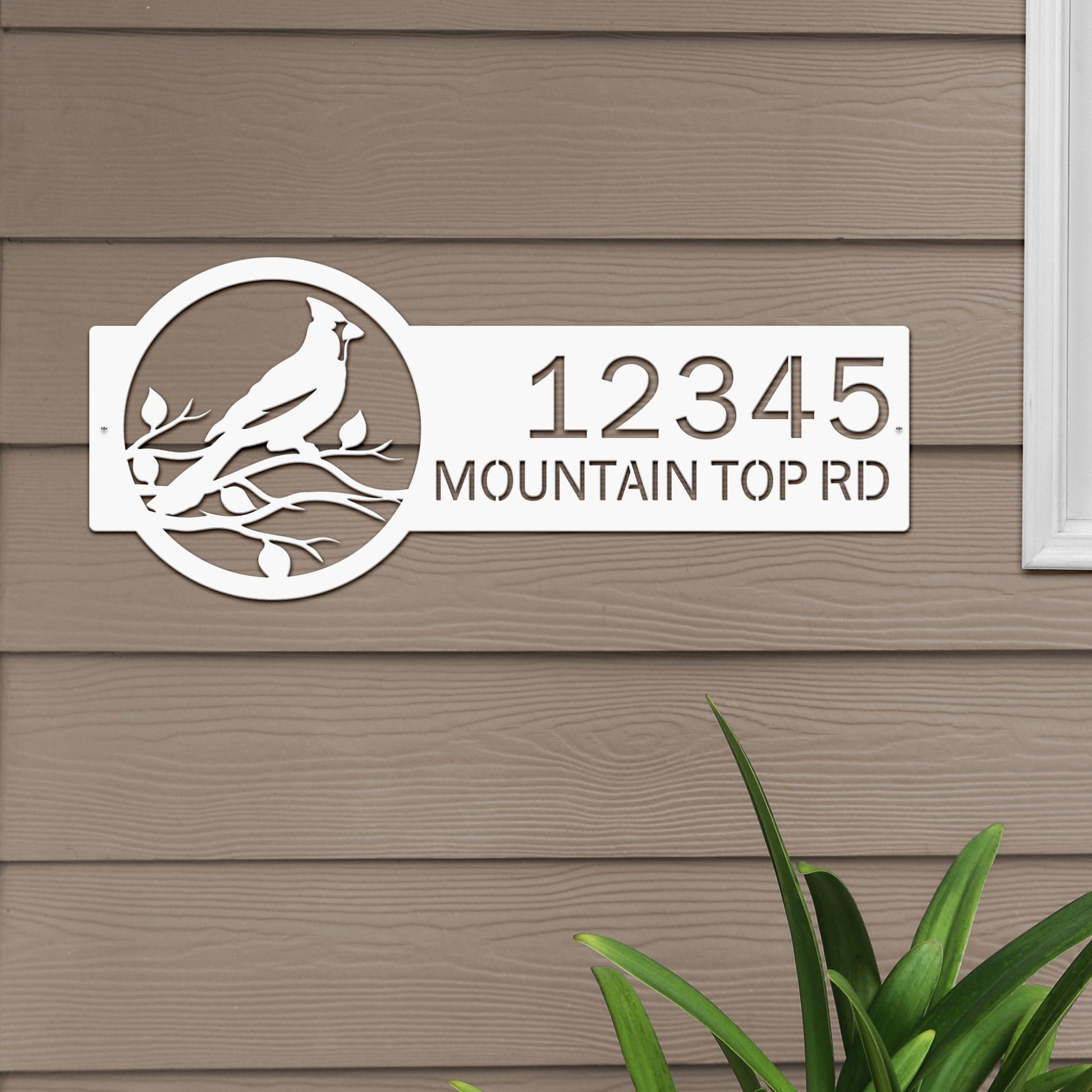 White Custom Cardinal Address Sign with cardinal on leafy branch on right and house number '12345 Mountain Top Rd' on left.