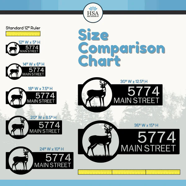 Size chart of '5774 MAIN STREET' signs from 2×5 to 36×15 inches next to a 12-inch ruler for accurate visual comparison.