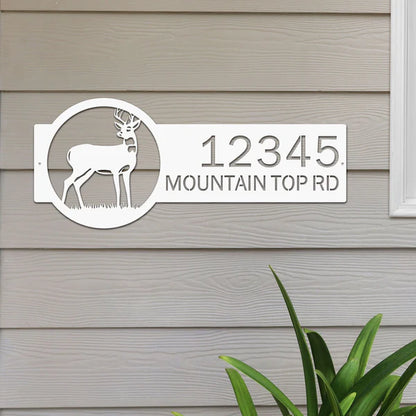 White metal address sign with deer on right and '12345 Mountain Top Rd' on left, bold clear text and rustic style for outdoor use.