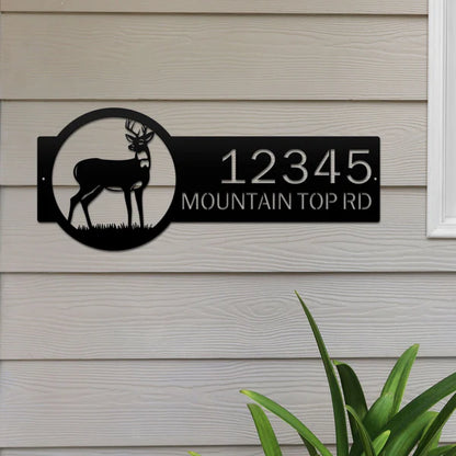 Black bronze metal address sign with deer on right and '12345 Mountain Top Rd' on left in bold rustic design, ideal for outdoor use.