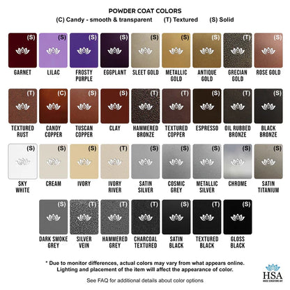 Powder coat chart showing Candy, Textured, and Solid finishes with color options from Garnet to glossy black.