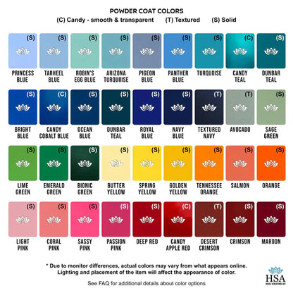 Powder coat chart showing Candy, Textured, and Solid finishes with colors ranging from Princess Blue to Maroon.