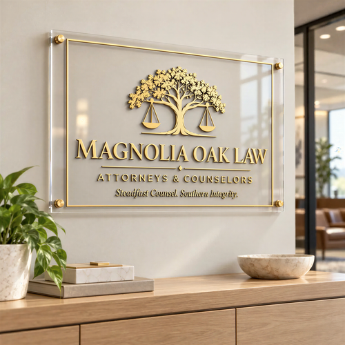a sign for Magnolia Oak Law, an interior space with a wooden desk and a potted plant.