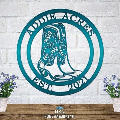 Cowgirl Boots Custom Metal Sign featuring intricate, laser-cut design, perfect for outdoor decor. Ideal for gardens, yards, or farms. Personalizable with text, making it a unique housewarming gift for animal lovers.