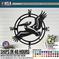 Blue heron compass outdoor metal wall art in satin black with compass rose, nautical beach house decor.