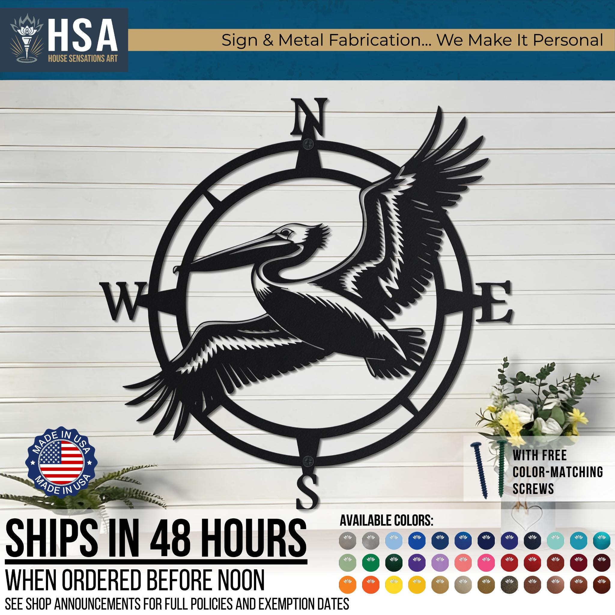 Blue heron compass outdoor metal wall art in satin black with compass rose, nautical beach house decor.