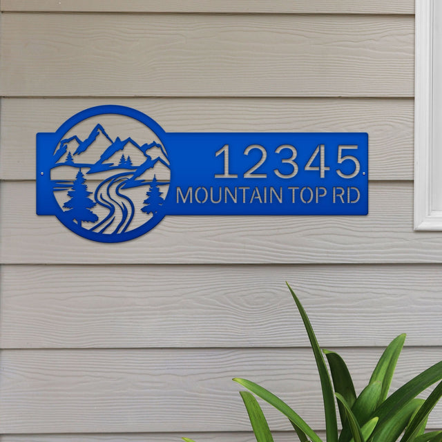 Candy cobalt blue Desert Mountain Monogram Address Plaque with mountain, cactus, and rode on right, house number '12345 Mountain Top Rd' left.