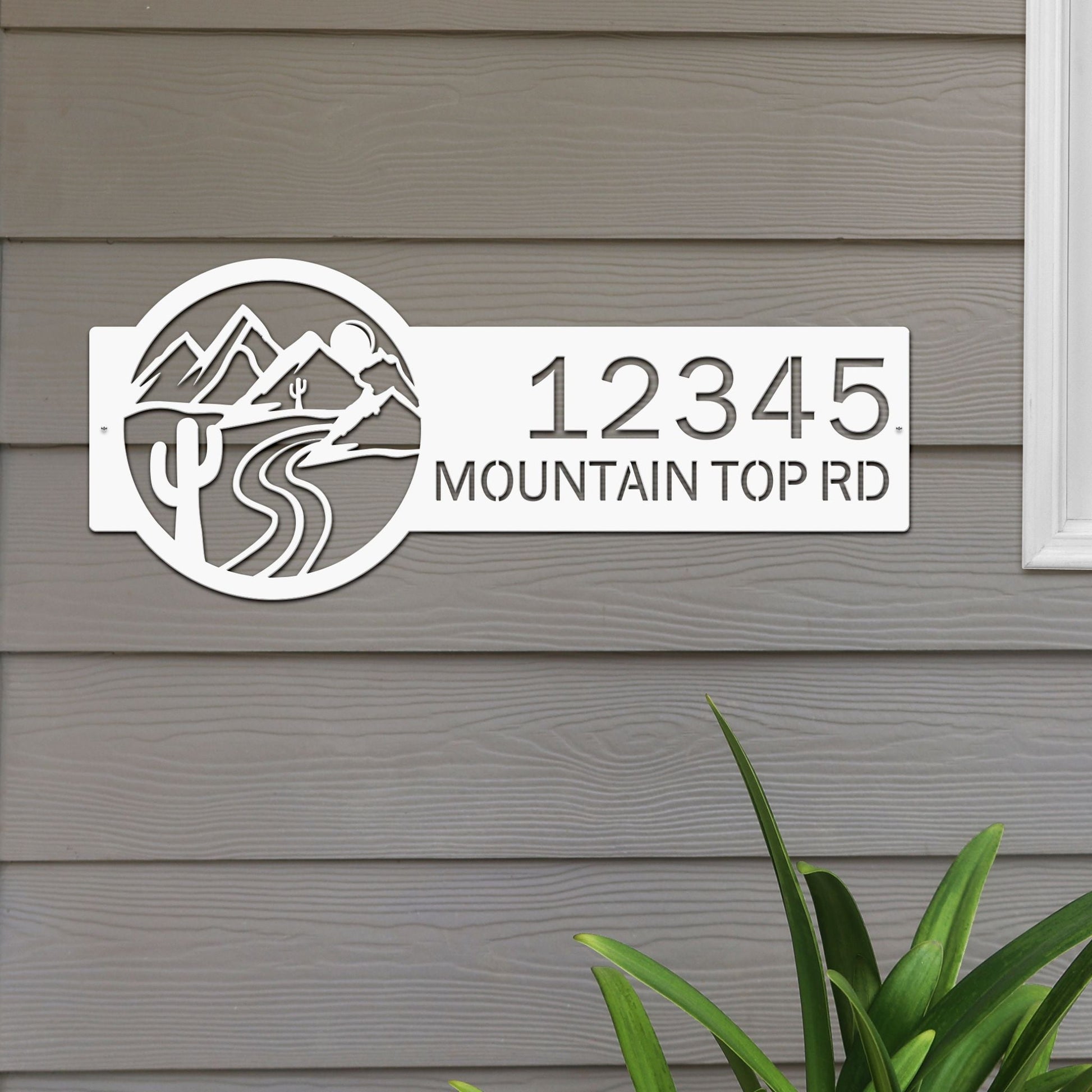 White Desert Mountain Address Plaque with cactus, mountain, and rode on right; house number '12345 Mountain Top Rd' left.