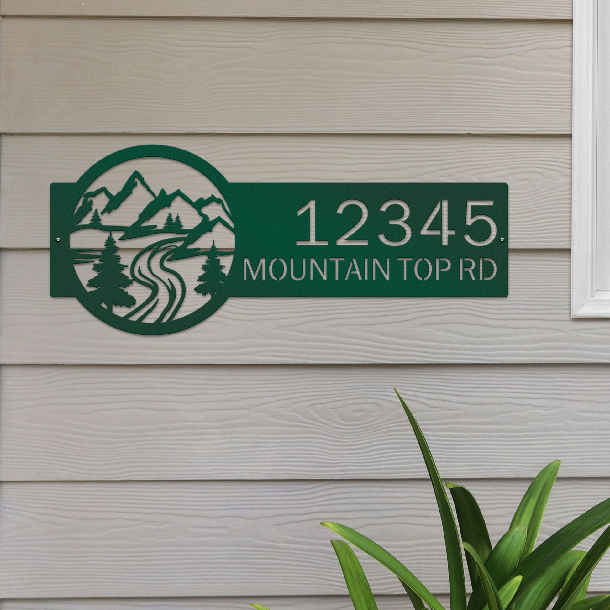 Bionic Green Desert Mountain Address Plaque with cactus, mountain, and rode on right,  house number '12345 Mountain Top Rd' left.