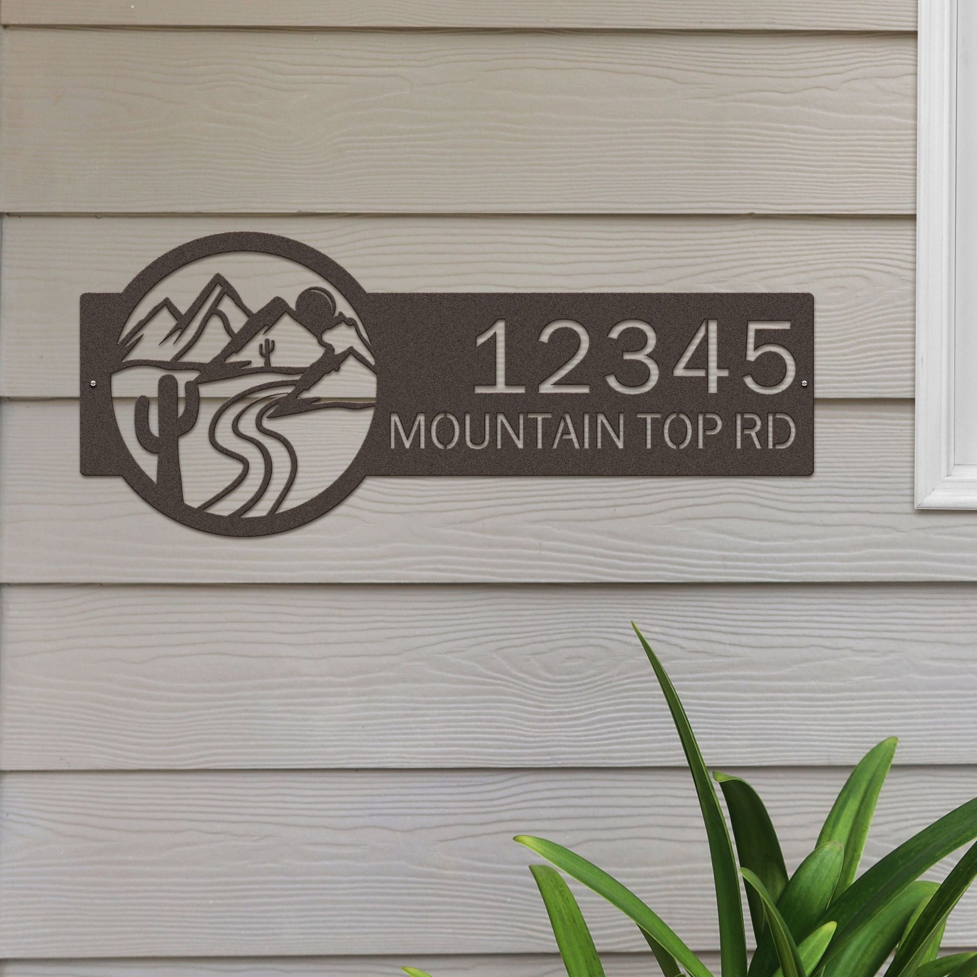 Oil rubbed bronze Desert Mountain Address Plaque with cactus, mountain, and rode on right; house number '12345 Mountain Top Rd' left.