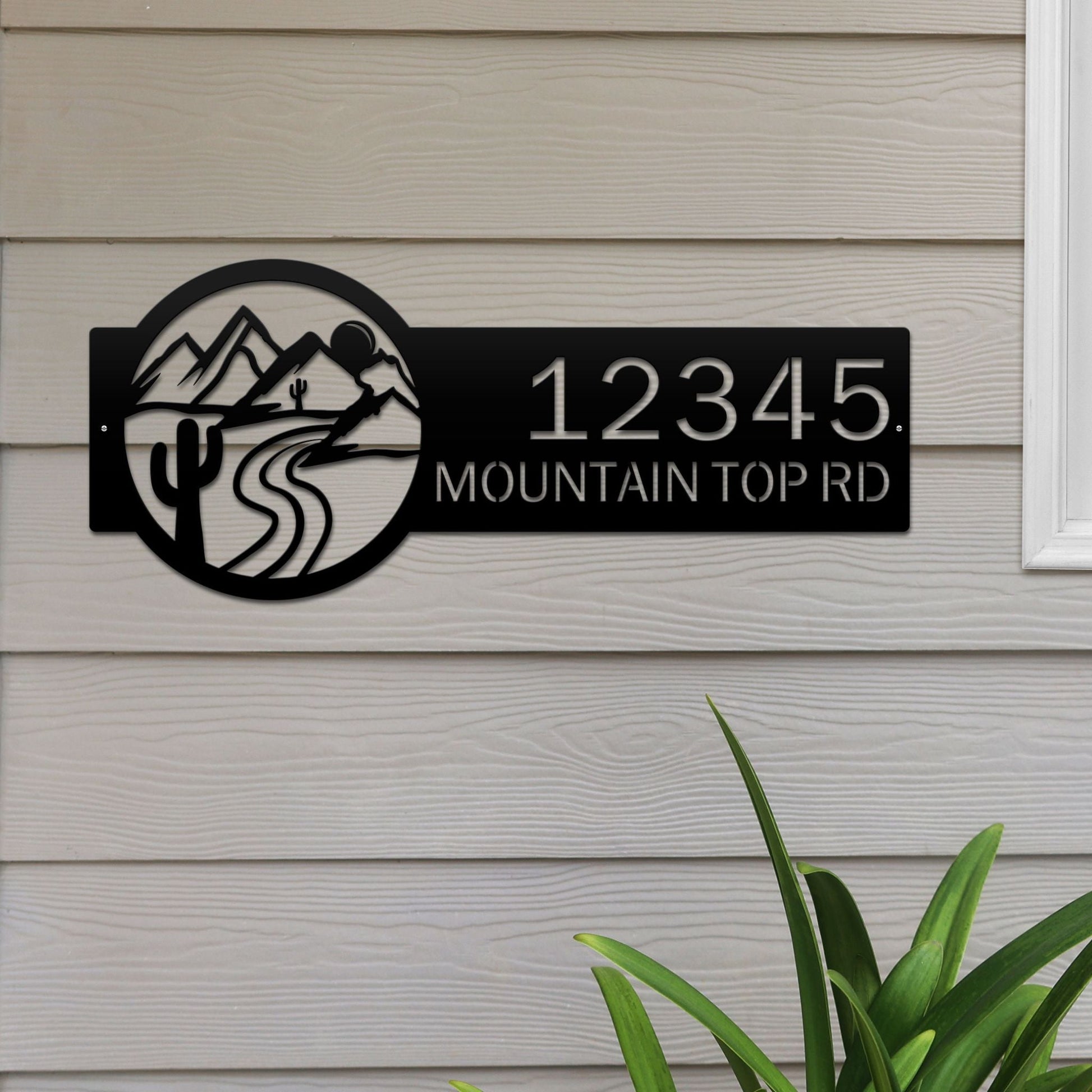 Black Desert Mountain Address Plaque with cactus, mountain, and rode on right; house number '12345 Mountain Top Rd' left.