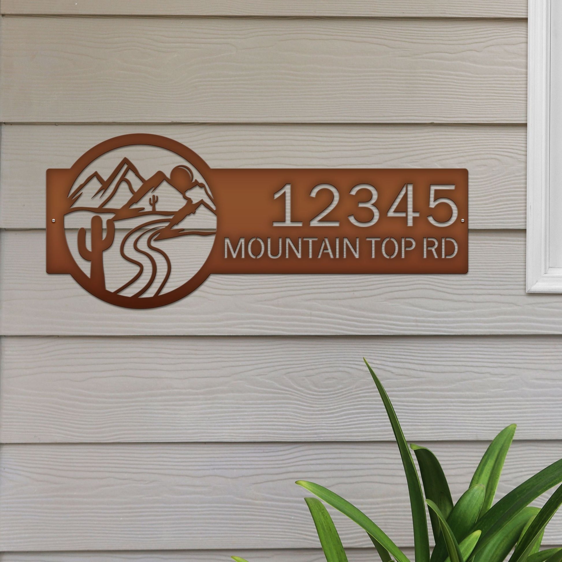 Candy copper Desert Mountain Address Plaque with cactus, mountain, and rode on right; house number '12345 Mountain Top Rd' left.