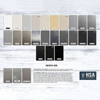 Raw metal color swatch chart for UV printed business signs on light wooden background, HSA logo visible, finish reference, HouseSensationsArt