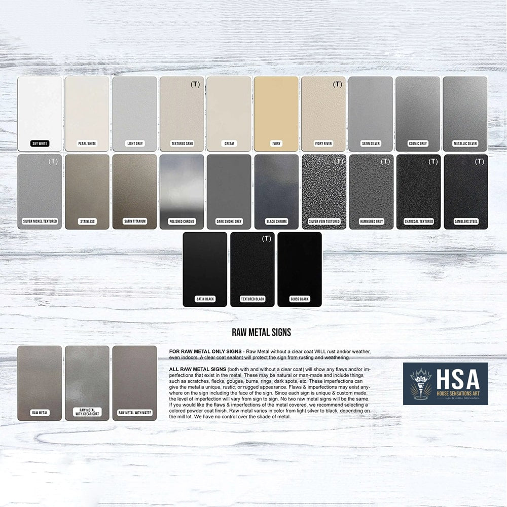 Raw metal color swatch chart for UV printed business signs on light wooden background, HSA logo visible, finish reference, HouseSensationsArt