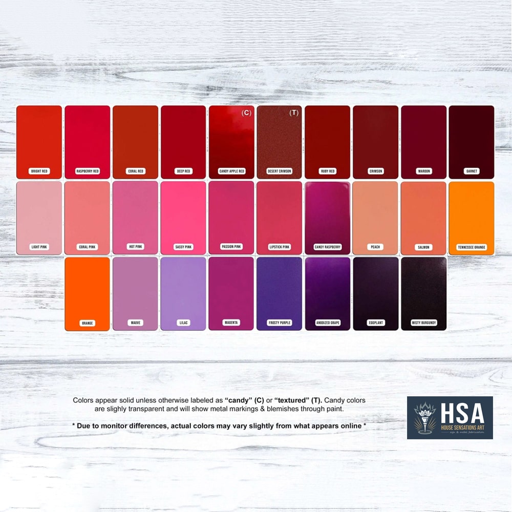 Color swatch chart with shades of red, pink, orange, and purple on white wooden background, HSA logo visible, UV print color reference, HouseSensationsArt