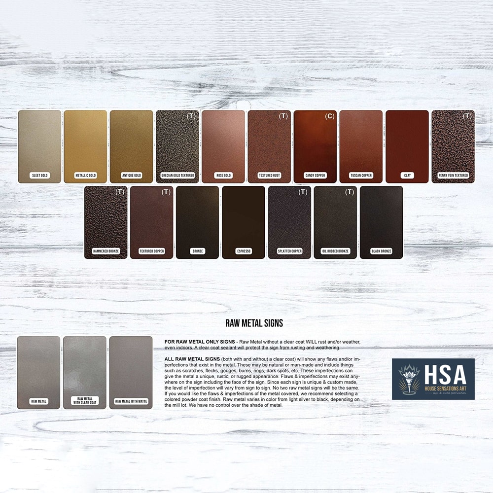 Raw metal color swatch chart for UV printed business signs on textured white background, HSA logo visible, finish reference, HouseSensationsArt