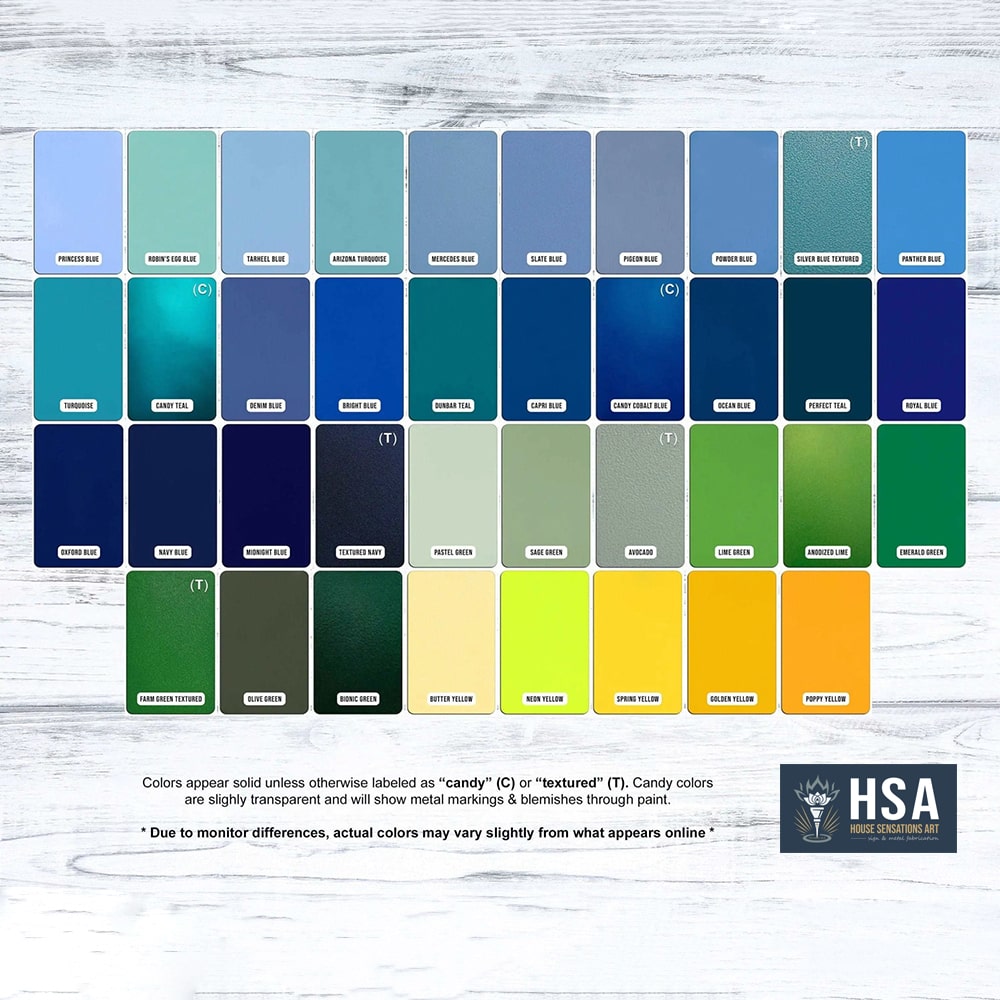 Color swatch chart with blue, green, and yellow shades on white wooden surface, featuring HSA logo, full-color UV print reference, HouseSensationsArt