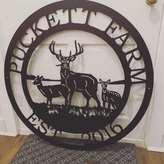 Personalized Three Deer Hunter Sign featuring black silhouette deer designs on metal, ideal for enhancing outdoor decor with custom house numbers or names. Perfect for weather-resistant, versatile home or office use.