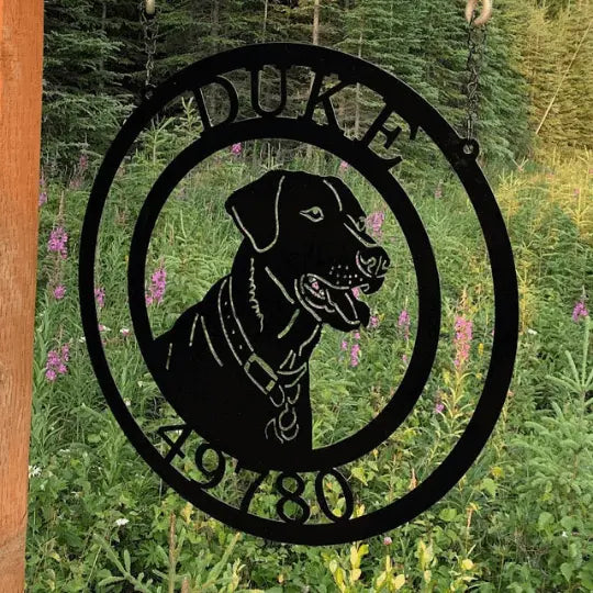 Labrador Retriever Dog Metal Sign depicting a black Labrador in a forest setting, perfect as a custom metal house number plaque for outdoor decor in gardens, yards, or farms. Ideal for animal lovers.