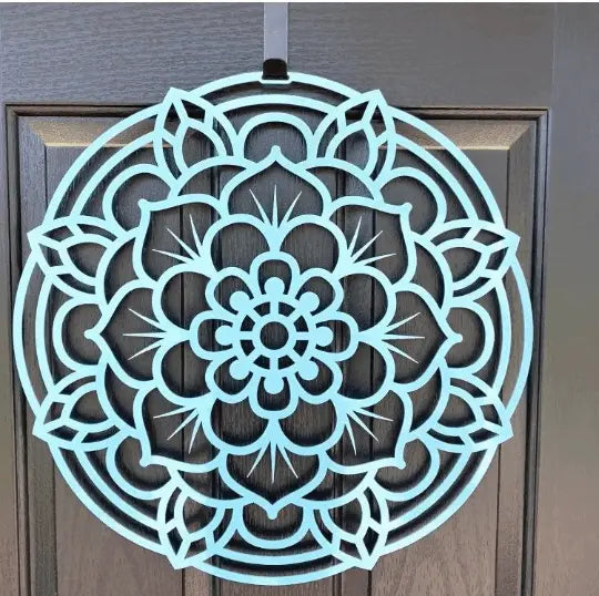 Cascade Flower Front Door Wreath - Customizable Metal Door Decor featuring a circular metal design on a door, showcasing symmetry and artistry, perfect for personalized, durable, and rust-resistant home accents.