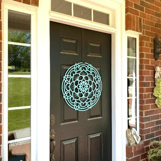 Cascade Flower Front Door Wreath, a customizable metal decor featuring a blue circular design, perfect for welcoming guests. Durable and rust-resistant, ideal for homes, porches, and gardens.