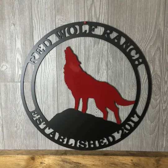 Metal Personalized Wolf Ranch Sign featuring a wolf howling at the moon, crafted from durable steel, ideal for outdoor use as custom house numbers or animal name sign, enhancing home or ranch decor.