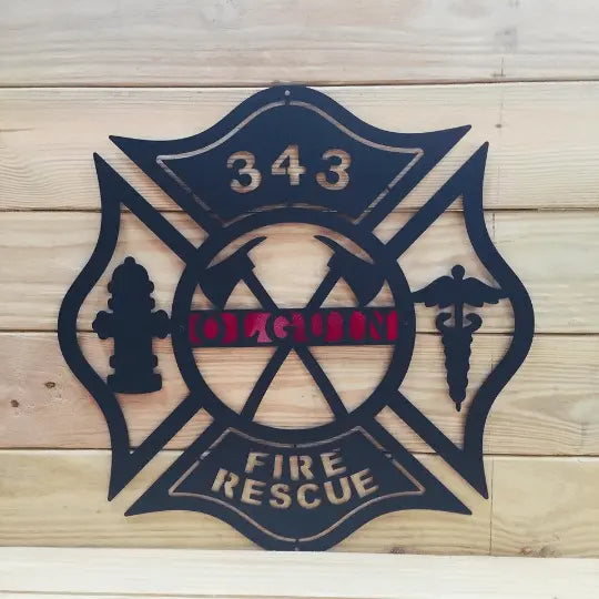 Personalized Maltese Cross Axes, Medic Address Sign displayed on a wooden wall, showcasing its intricate laser-cut design and durable metal craftsmanship, ideal for firefighter-themed home décor or as a meaningful gift.