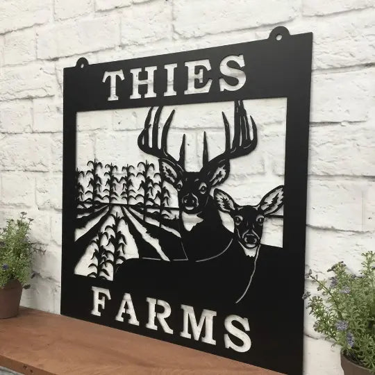 Deer & Corn Rows Farm Metal Sign - Customizable plaque showcasing a rustic deer design, ideal for outdoor decor in gardens or farms. Perfect for animal lovers seeking personalized housewarming gifts.