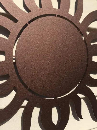 Garden Modern Sun Metal Wall Art – Custom Street Numbers Sign showcases a circular metal sun design, expertly laser-cut for precise details, ideal for enhancing any indoor or outdoor space with elegance.