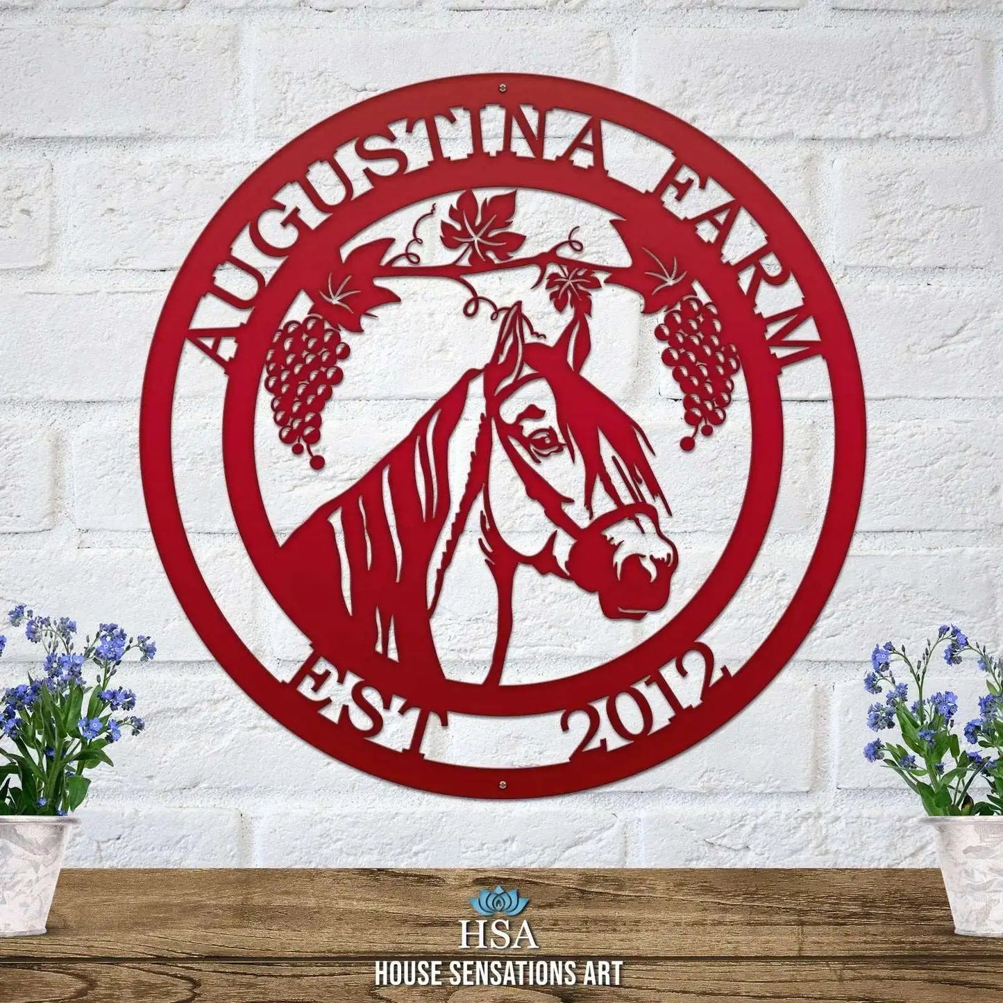 Grapevine Horse Ranch Sign - Custom Metal House Number Plaque with a red horse design, ideal for outdoor decor in gardens, yards, or farms. Perfect housewarming gift for animal lovers.