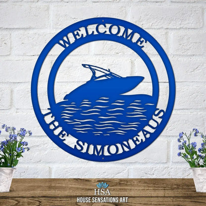 Personalized Speedboat Sign with custom street numbers, featuring a detailed boat design on a sturdy, weather-resistant metal, ideal for home décor or as a housewarming gift.