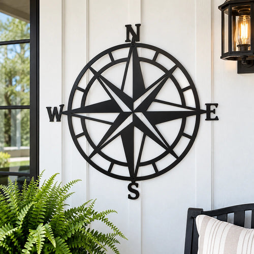 a large black compass rose mounted on a white wall, with a potted plant and a lamp visible in the foreground.