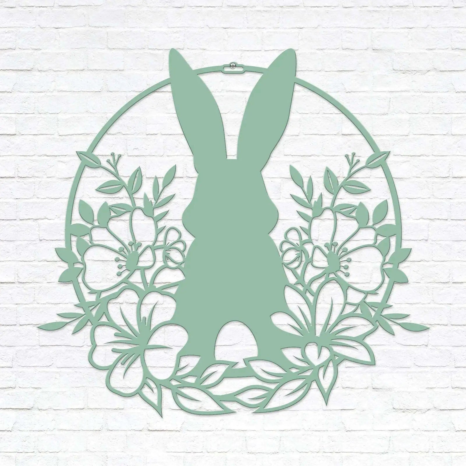 Custom Easter bunny metal wall sign with floral wreath, powder coated outdoor spring décor, rabbit silhouette front door decoration, farmhouse-style Easter wall art on white brick background