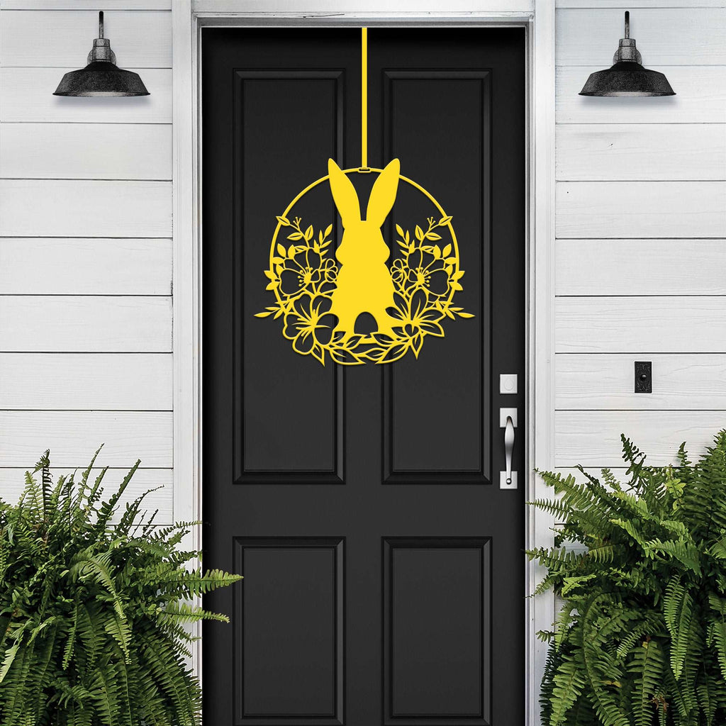 Yellow Easter bunny metal door sign, custom rabbit silhouette wreath for front door, powder coated outdoor spring décor, farmhouse Easter door decoration on black door with white wall background